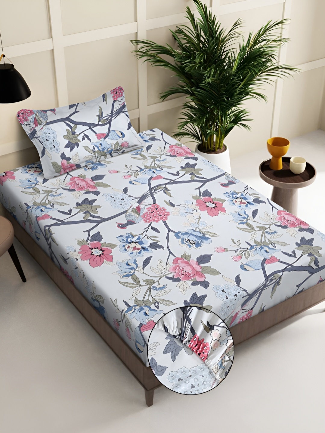 

KLOTTHE White & Pink Floral Printed 300TC Fitted Single Bedsheet With 1 Pillow Cover