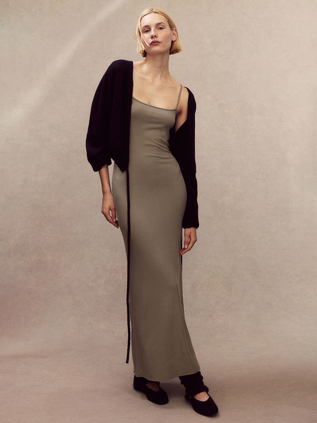 

H&M Ribbed Maxi Dress, Beige