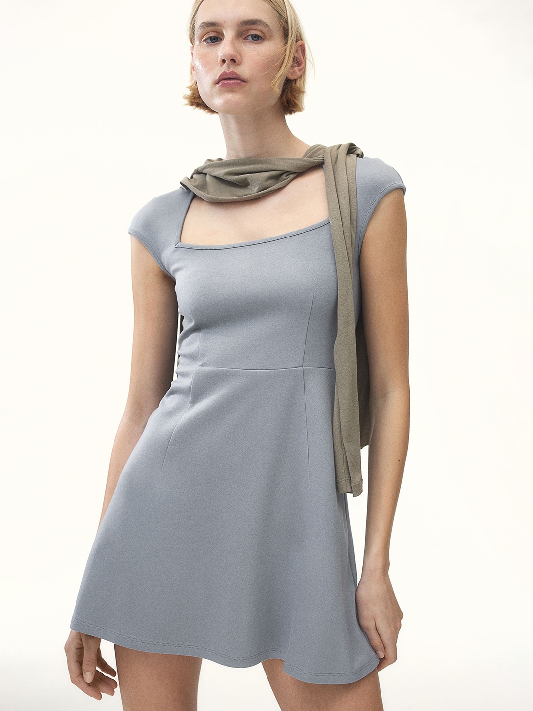 

H&M Flared-Skirt Dress, Grey