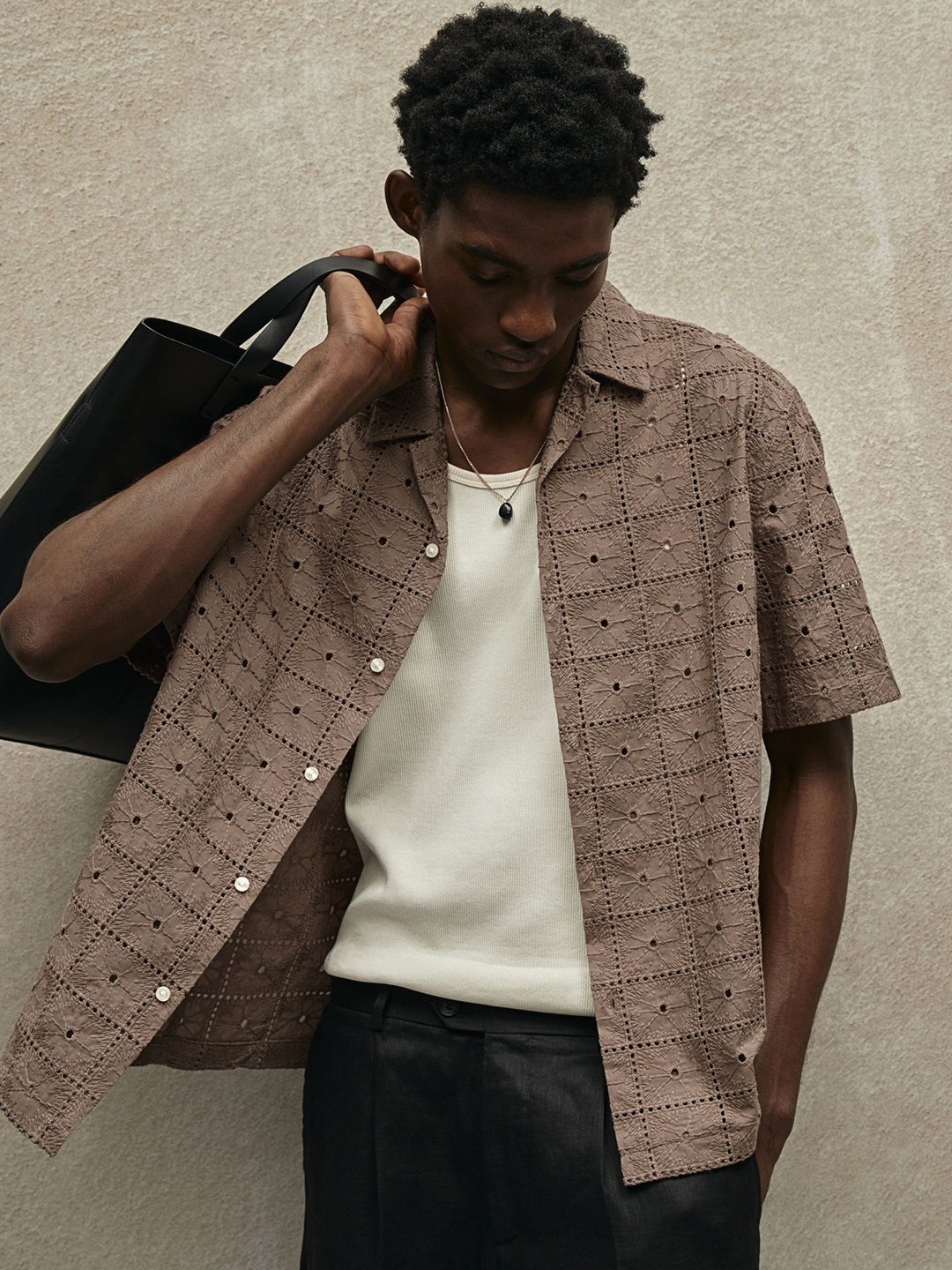 

H&M Pure Cotton Regular Fit Textured-Weave Resort Shirt, Beige