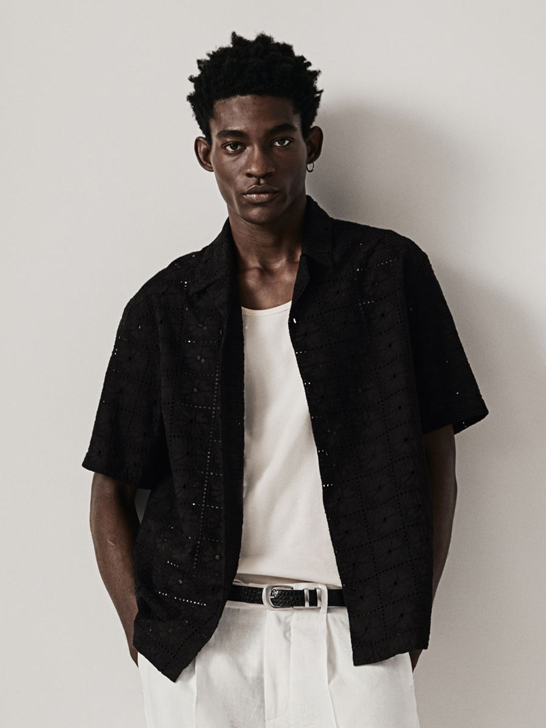 

H&M Pure Cotton Regular Fit Textured-Weave Resort Shirt, Black