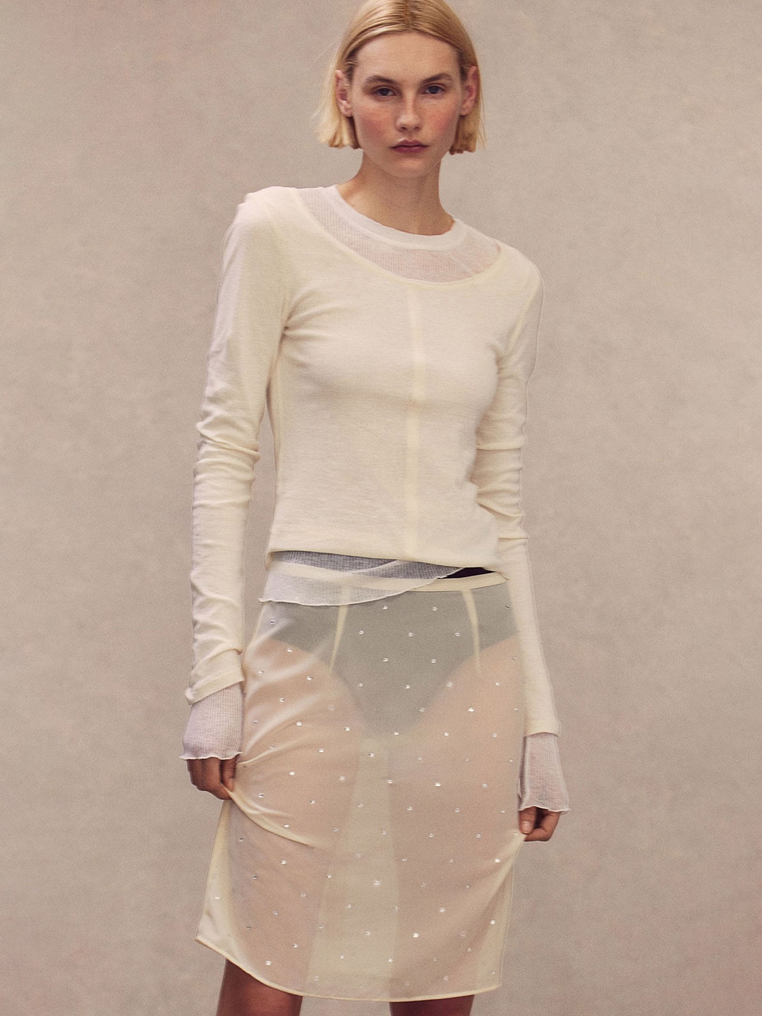 

H&M Rhinestone-Embellished Skirt, Beige