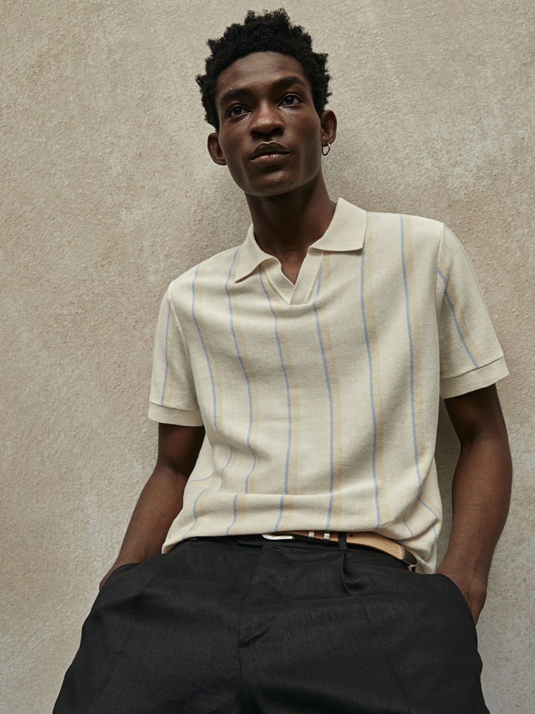 

H&M Pure Cotton Regular Fit Fine-Knit Polo Shirt, Off white