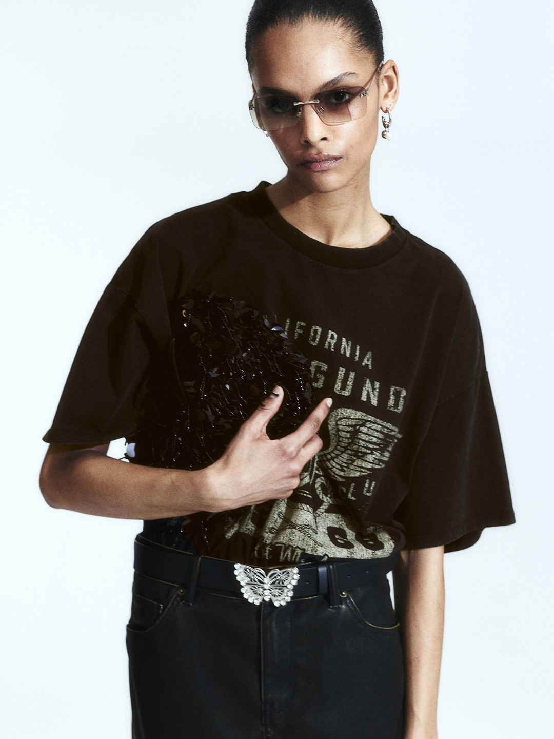 

H&M Pure Cotton Oversized Printed T-Shirt, Black