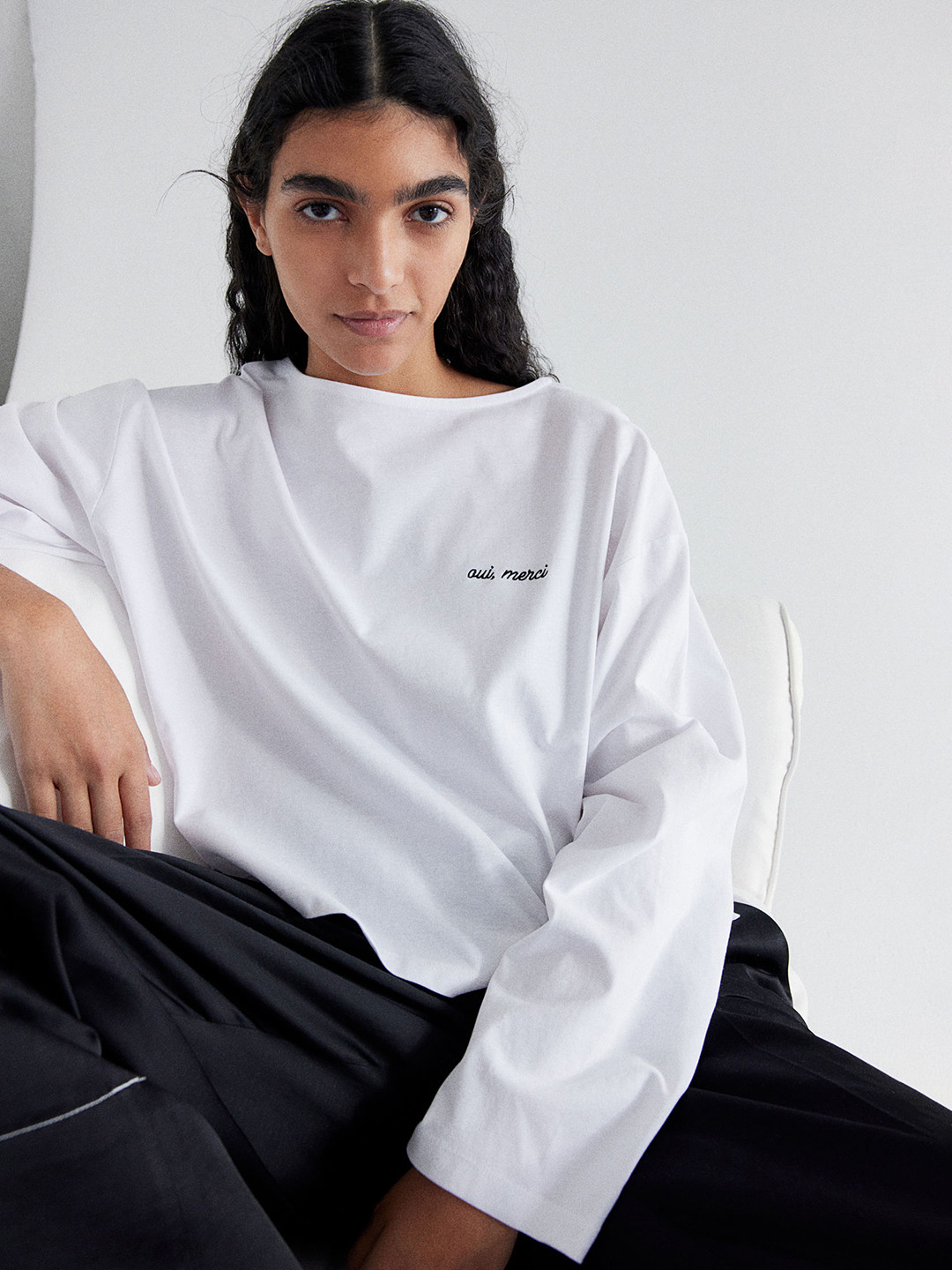 

H&M Pure Cotton Oversized Boat-Neck Top, White