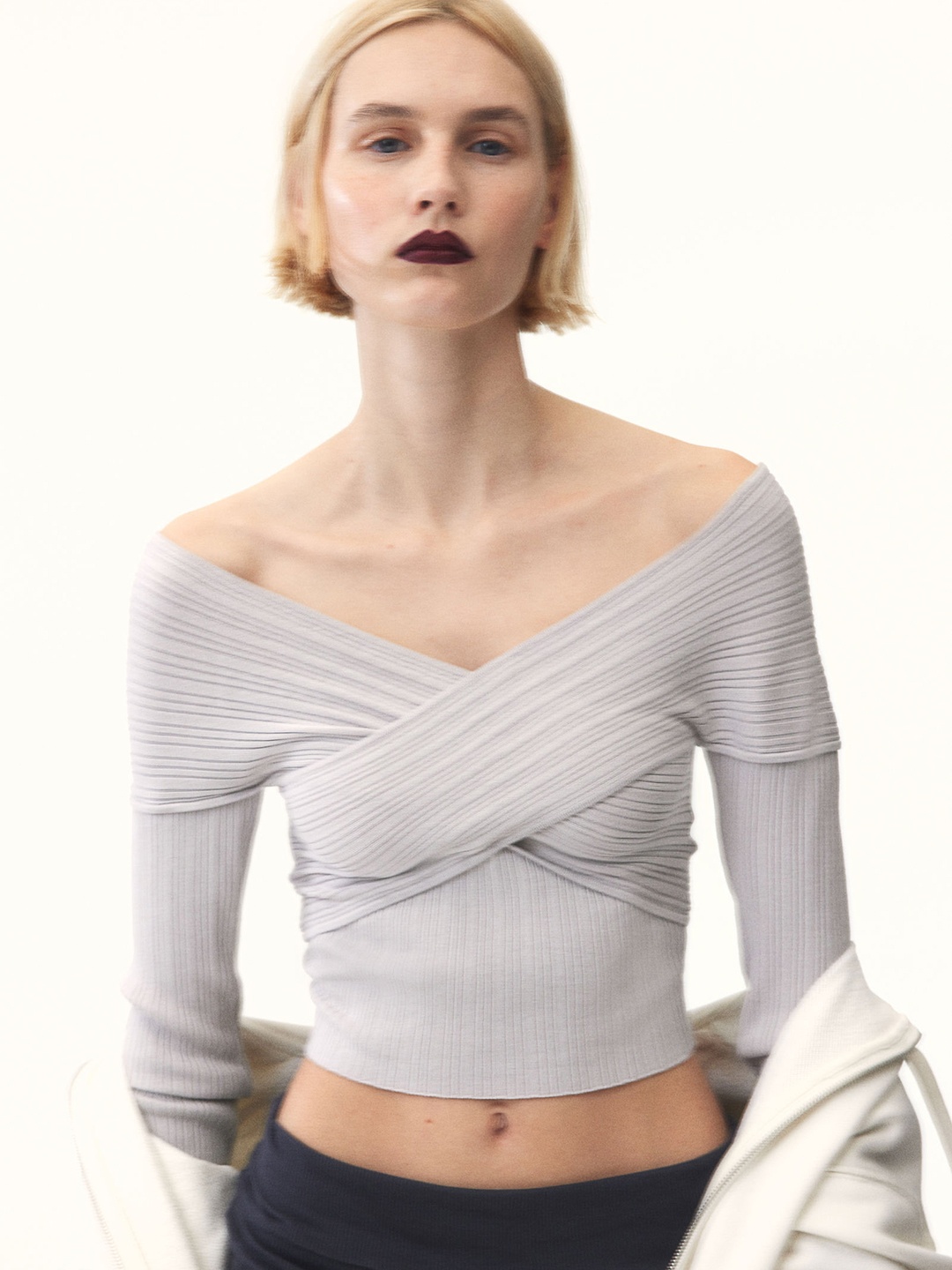 

H&M Rib-Knit Off-The-Shoulder Top, Grey