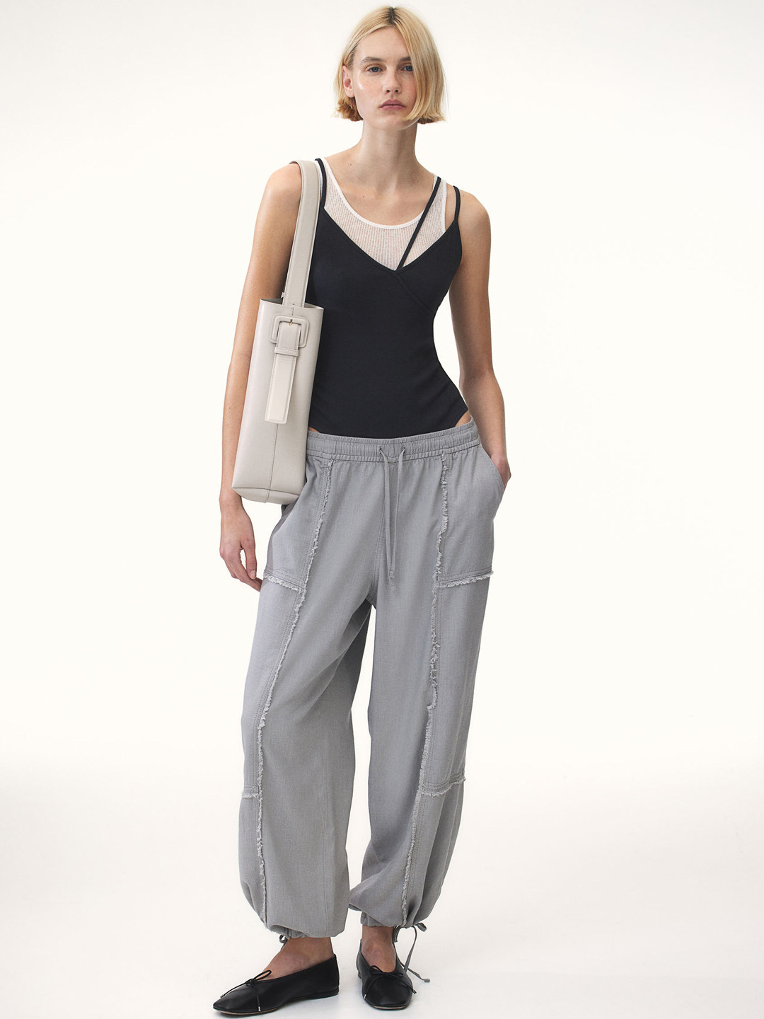 

H&M Women Linen-Blend Parachute Trousers, Grey