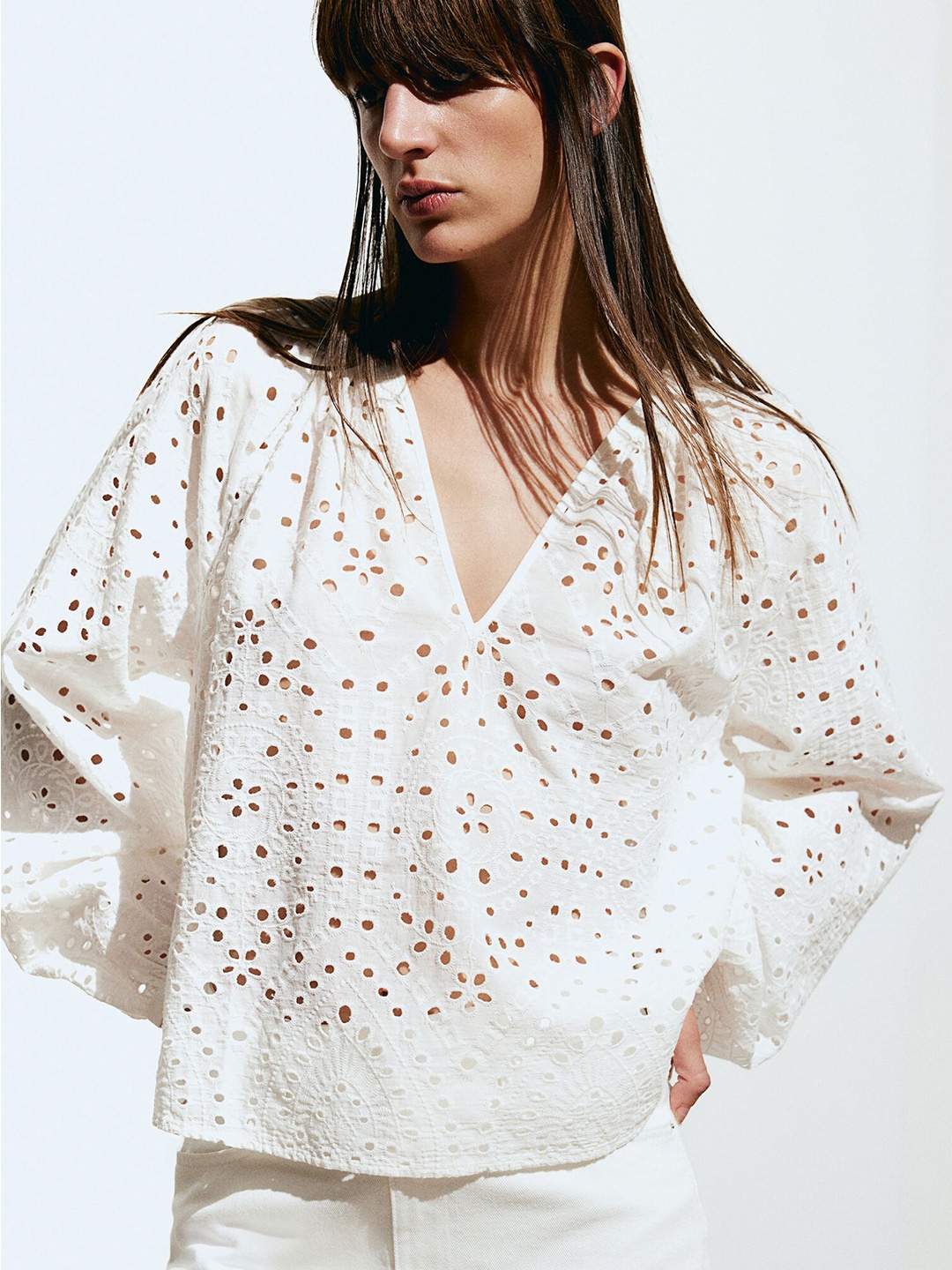 

H&M Pure Cotton Broderie Anglaise Blouse, White