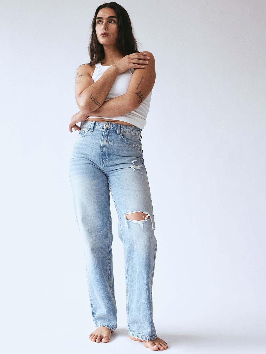 

H&M Women Pure Cotton Wide Ultra High Jeans, Blue