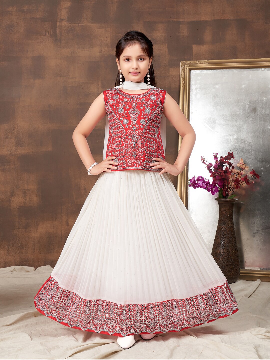 

BAESD Girls Embroidered Thread Work Ready to Wear Lehenga & Blouse With Dupatta, Red