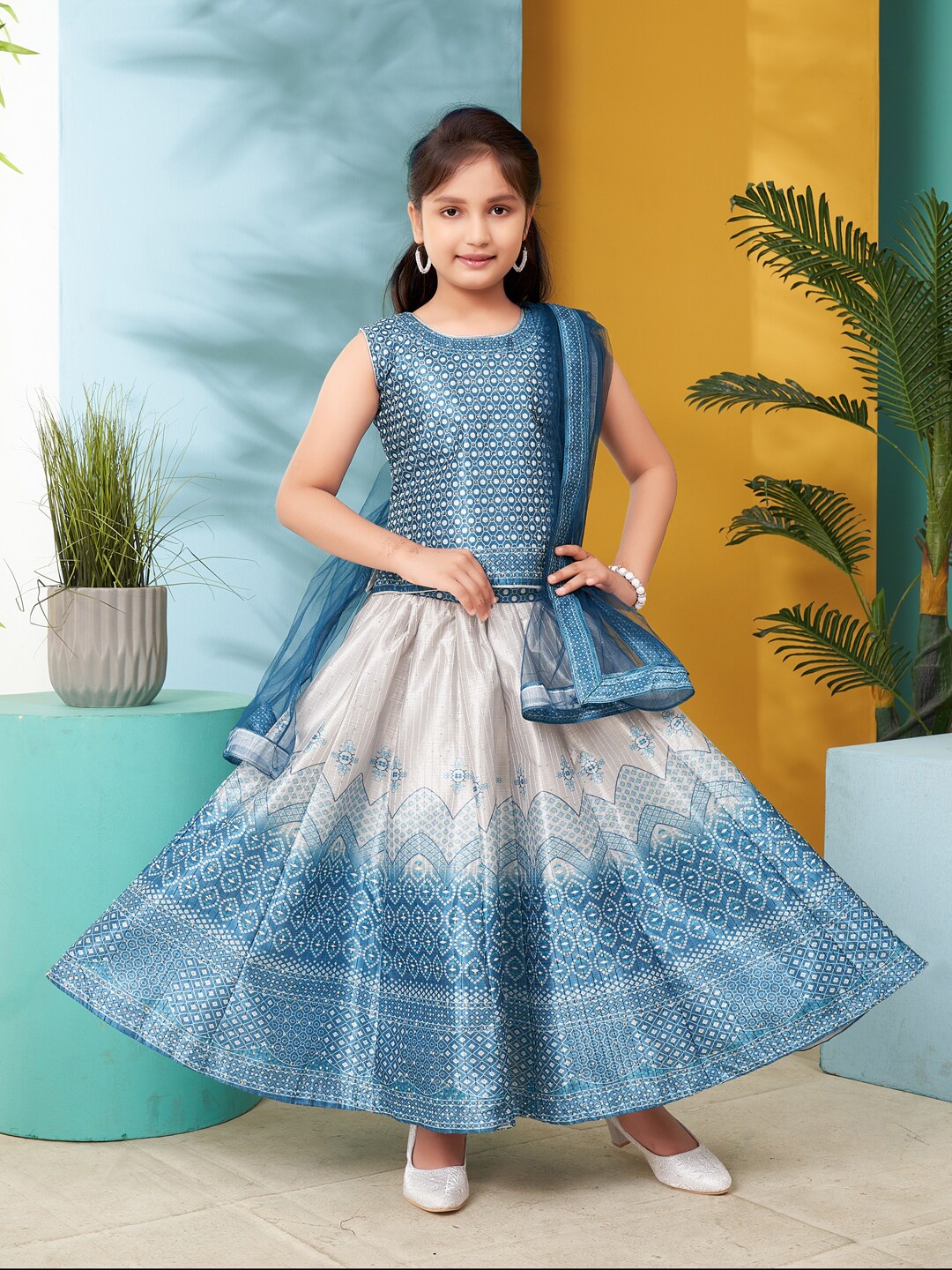 

BAESD Girls Printed Ready to Wear Lehenga & Blouse With Dupatta, Turquoise blue