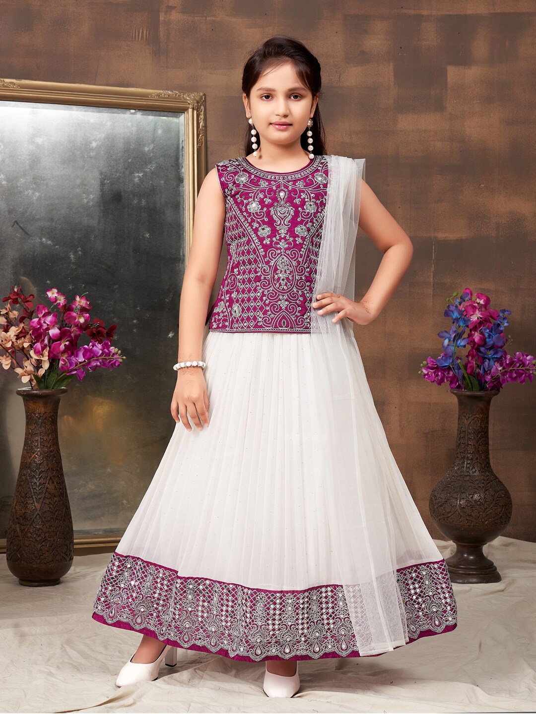 

BAESD Girls Embellished Thread Work Ready to Wear Lehenga & Blouse With Dupatta, Purple