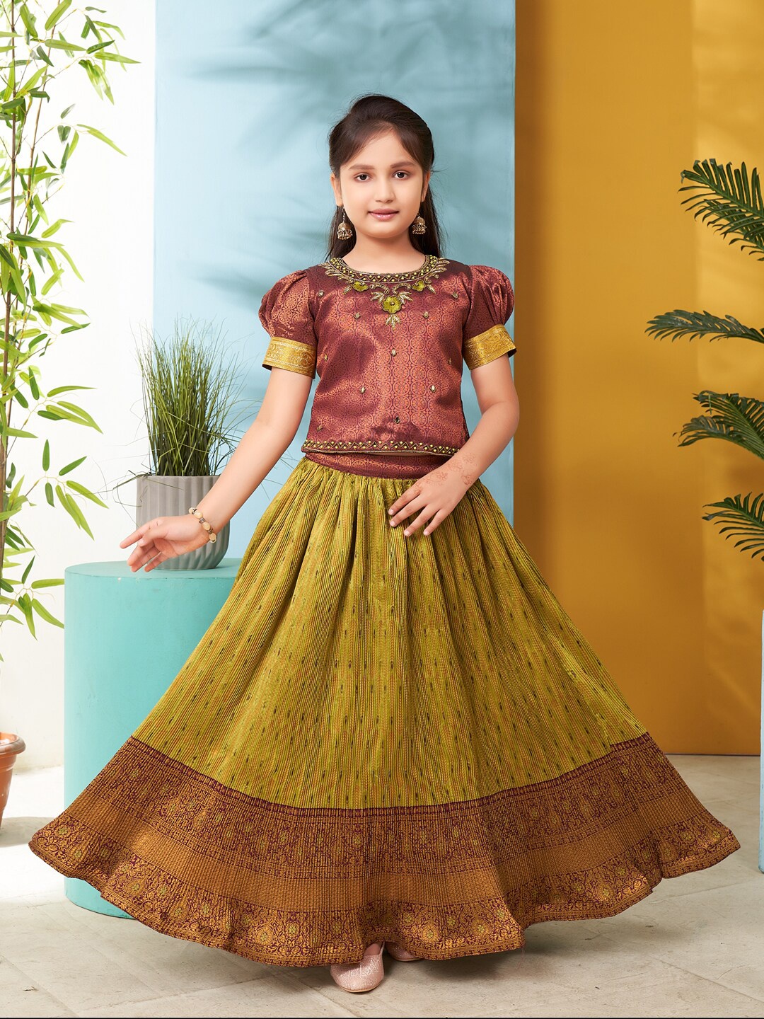 

BAESD Girls Embroidered Ready to Wear Lehenga & Choli, Maroon