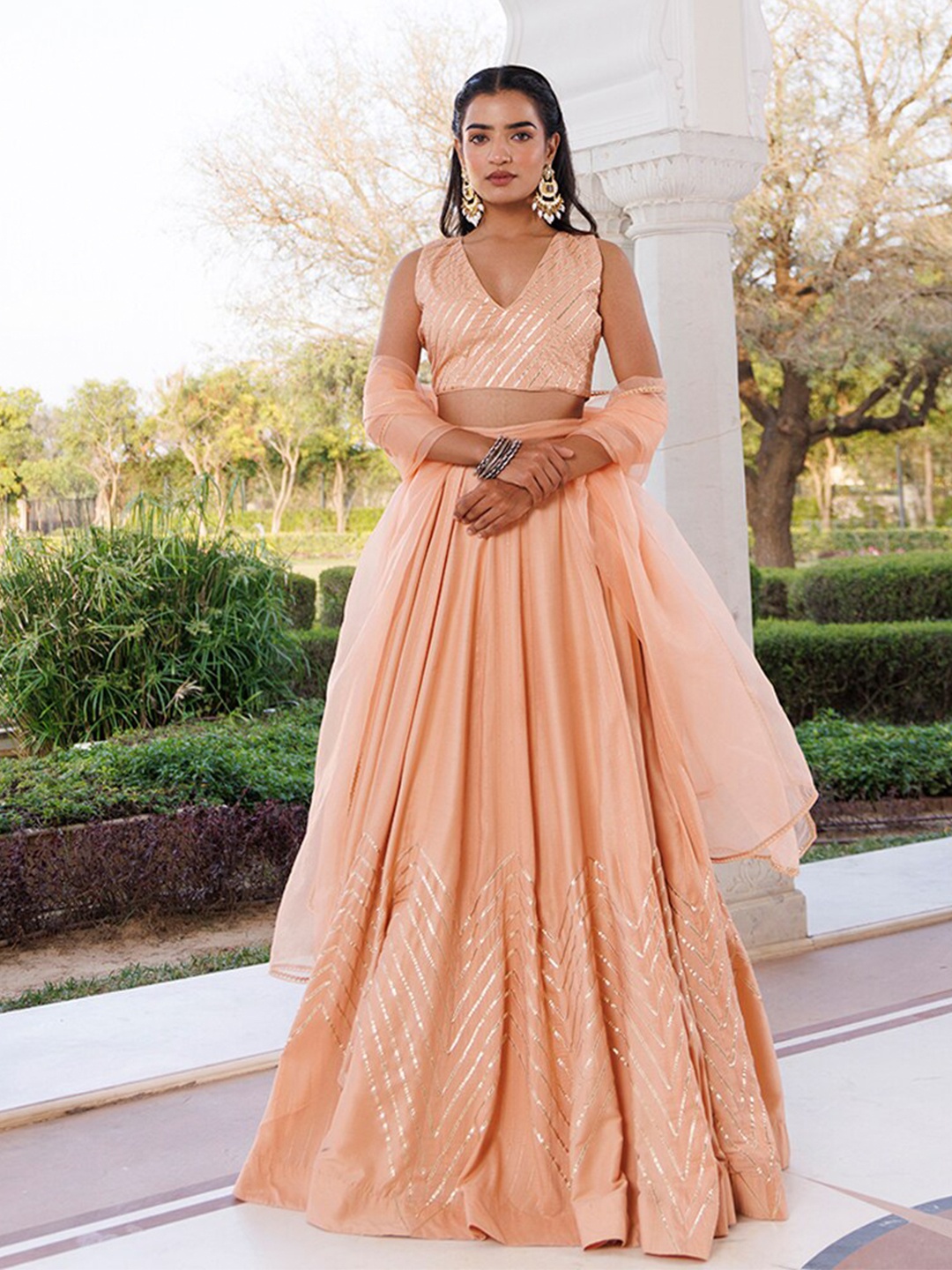 

Ragavi Embroidered V-Neck Satin Ready to Wear Lehenga & Blouse With Dupatta, Coral