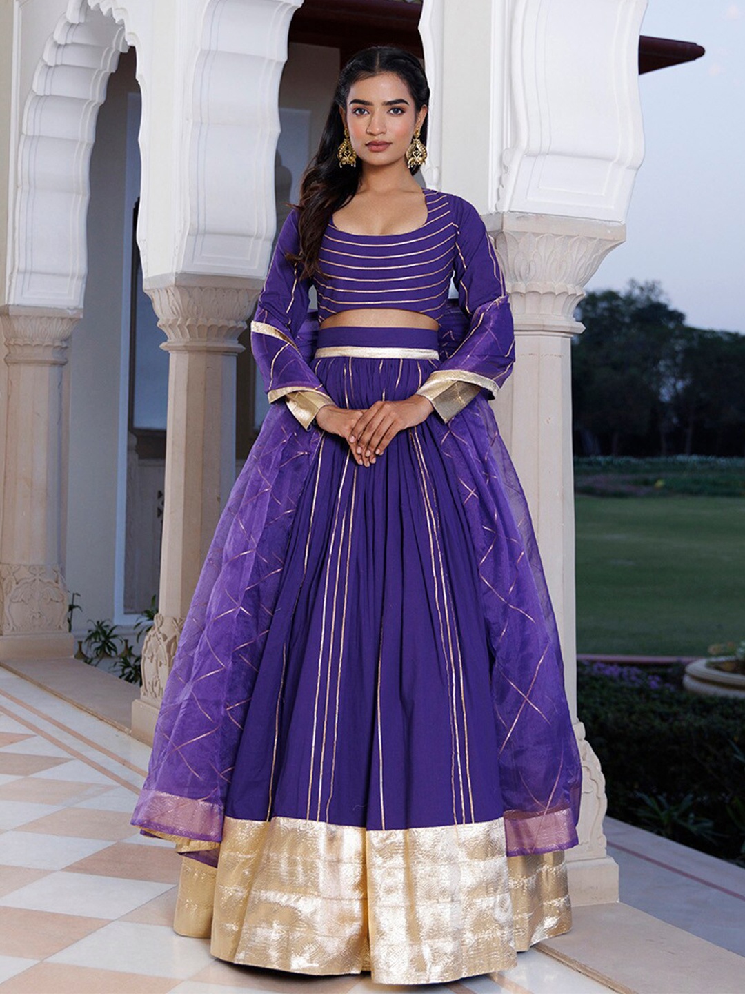 

Ragavi Striped Gotta Patti Ready to Wear Lehenga & Blouse With Dupatta, Purple