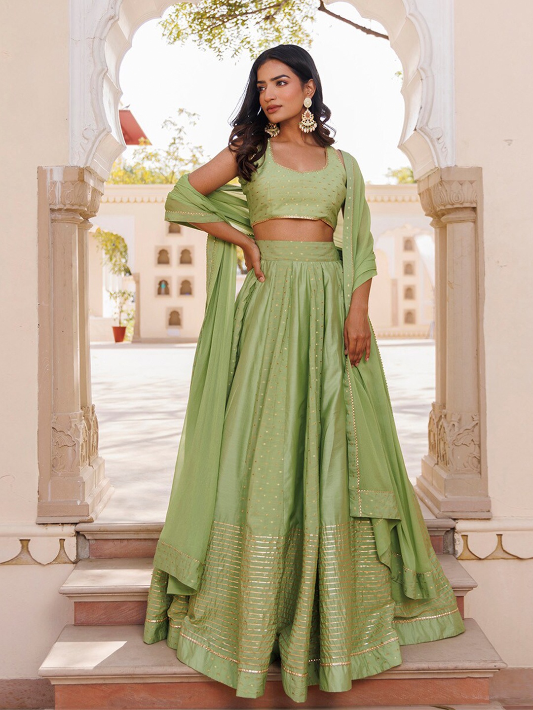 

Ragavi Geometric Woven Design Gotta Patti Ready to Wear Lehenga & Blouse With Dupatta, Green