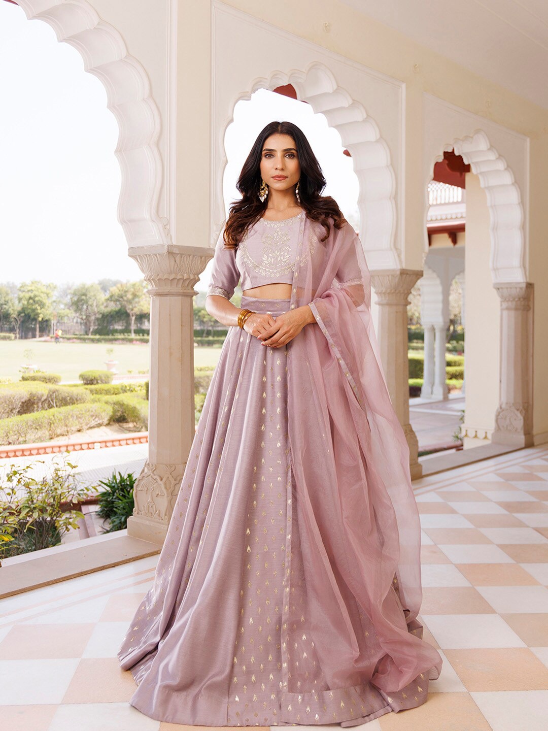 

Ragavi Floral Embroidered Foil Print Ready to Wear Lehenga & Blouse With Dupatta, Mauve