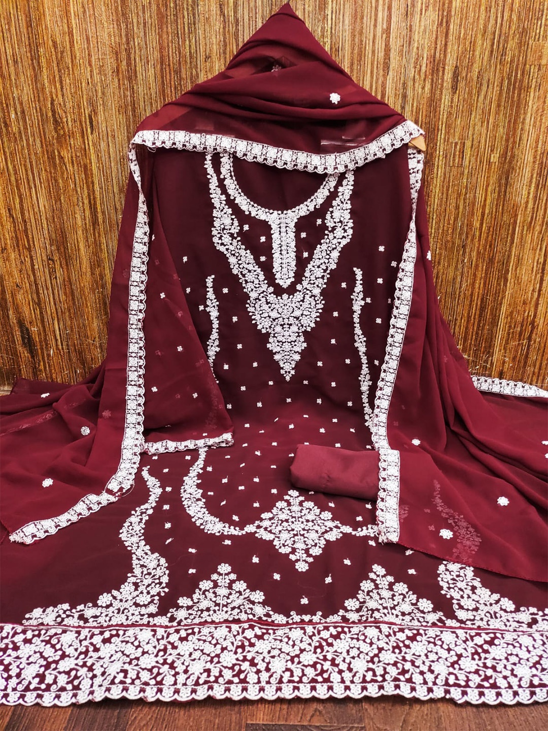 

ZEEPKART Floral Embroidered Unstitched Dress Material, Maroon