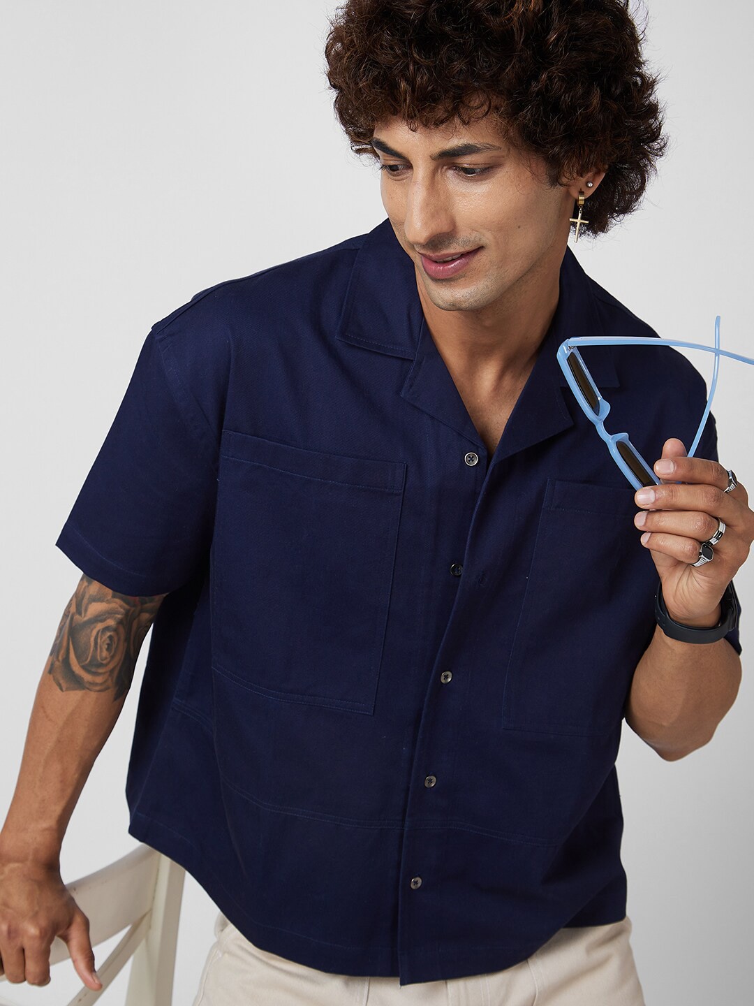 

VASTRADO Classic Short Sleeves Cotton Opaque Casual Shirt, Navy blue