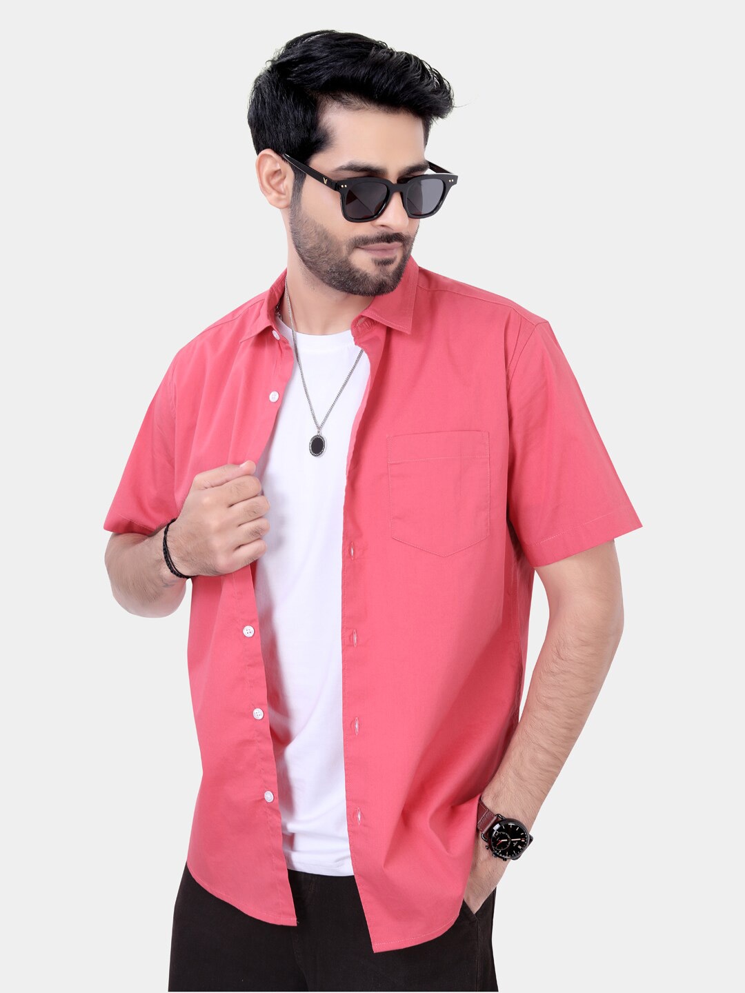 

VASTRADO Classic Short Sleeves Cotton Slim Fit Opaque Casual Shirt, Coral