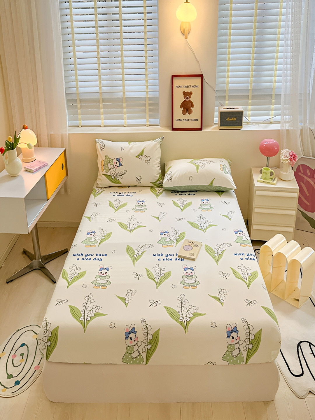 

JC HOME White & Green Floral 210 TC Cotton Single Bedsheet with 1 Pillow Cover