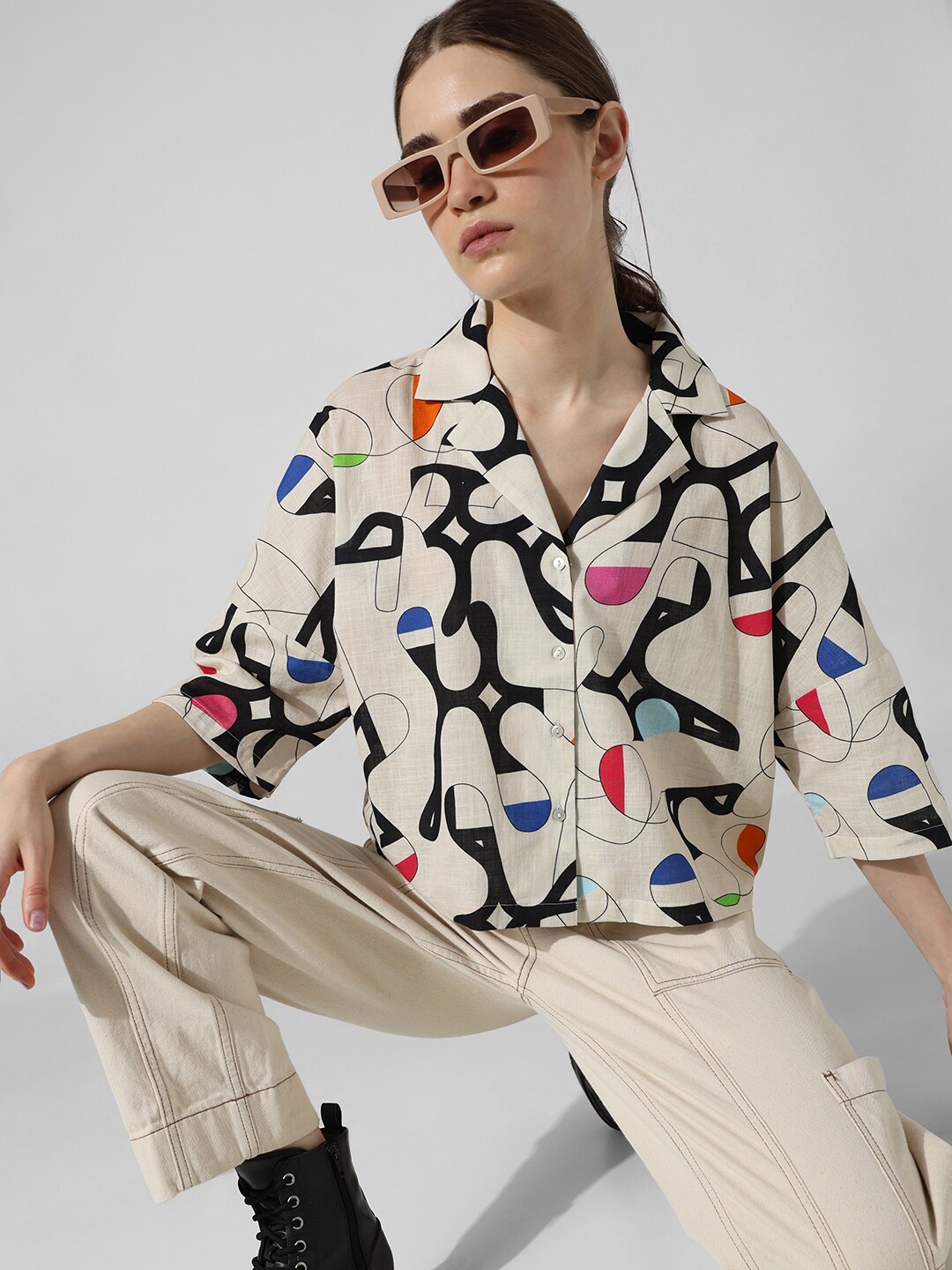 

ONLY Abstract Printed Drop-Shoulder Sleeves Cuban Collar Casual Pure Cotton Shirt, Beige