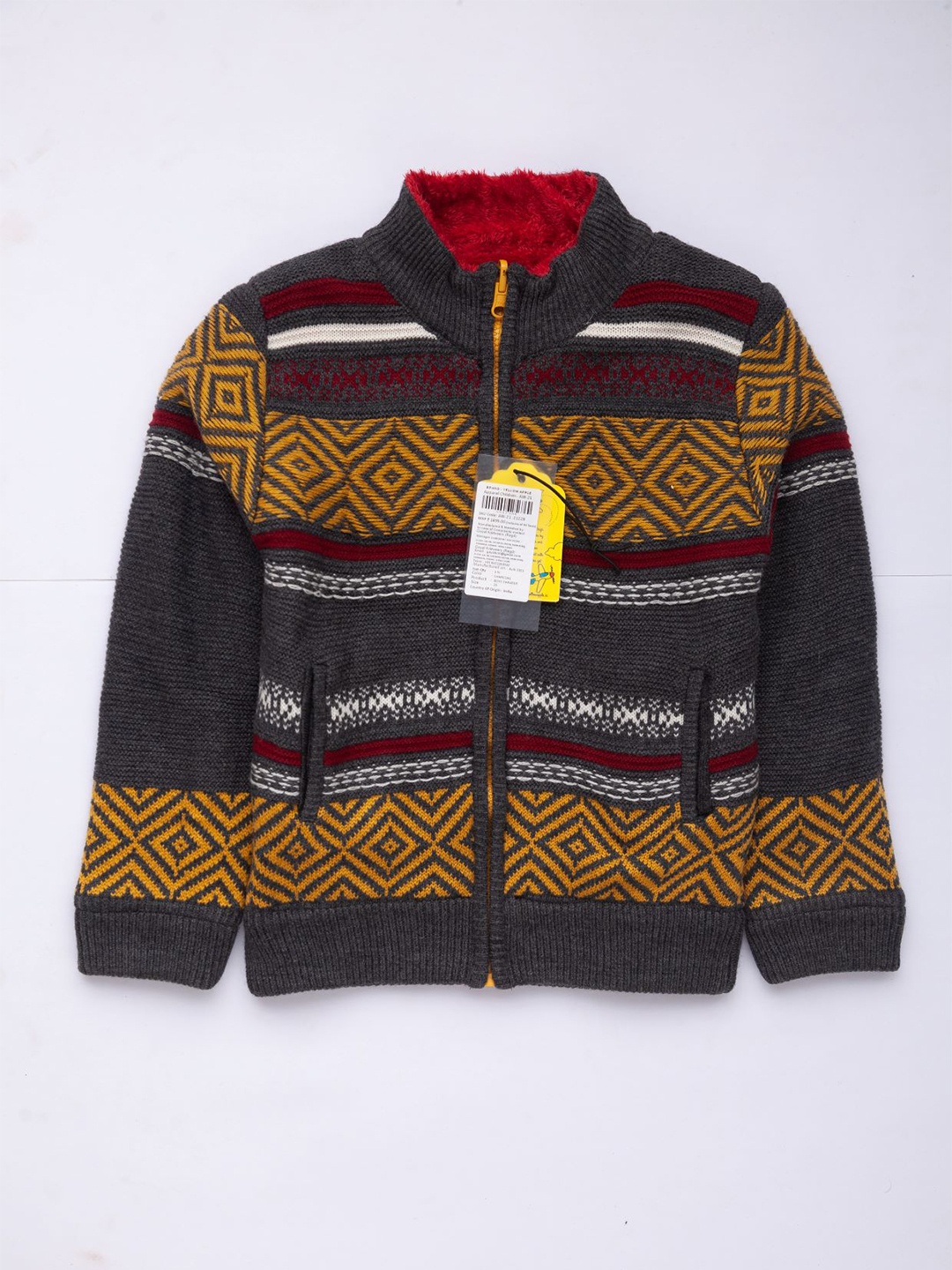 

Yellow Apple Boys Ethnic Motifs Printed Mock Collar Woollen Front-Open Sweater, Charcoal