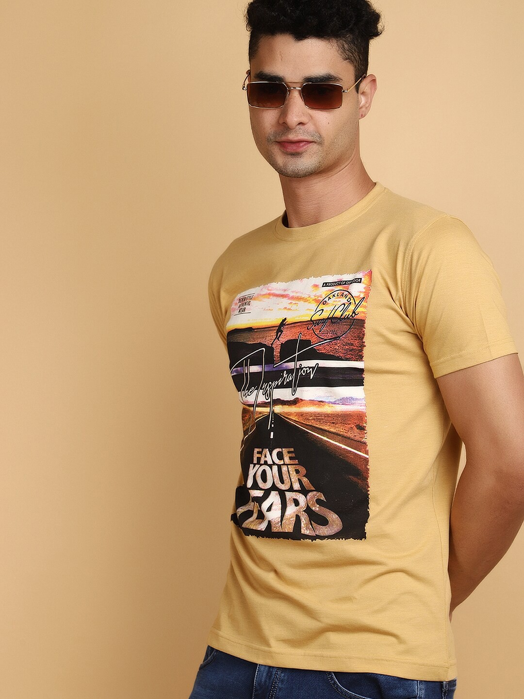 

V-Mart Graphic Printed Round Neck Cotton Slim Fit T-shirt, Brown