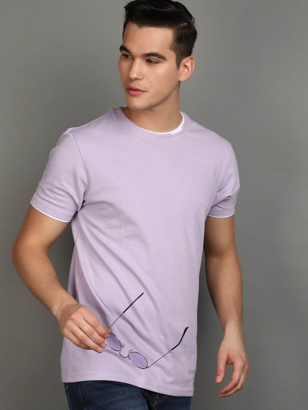 

V-Mart Self Design Round Neck Cotton Slim Fit T-shirt, Purple