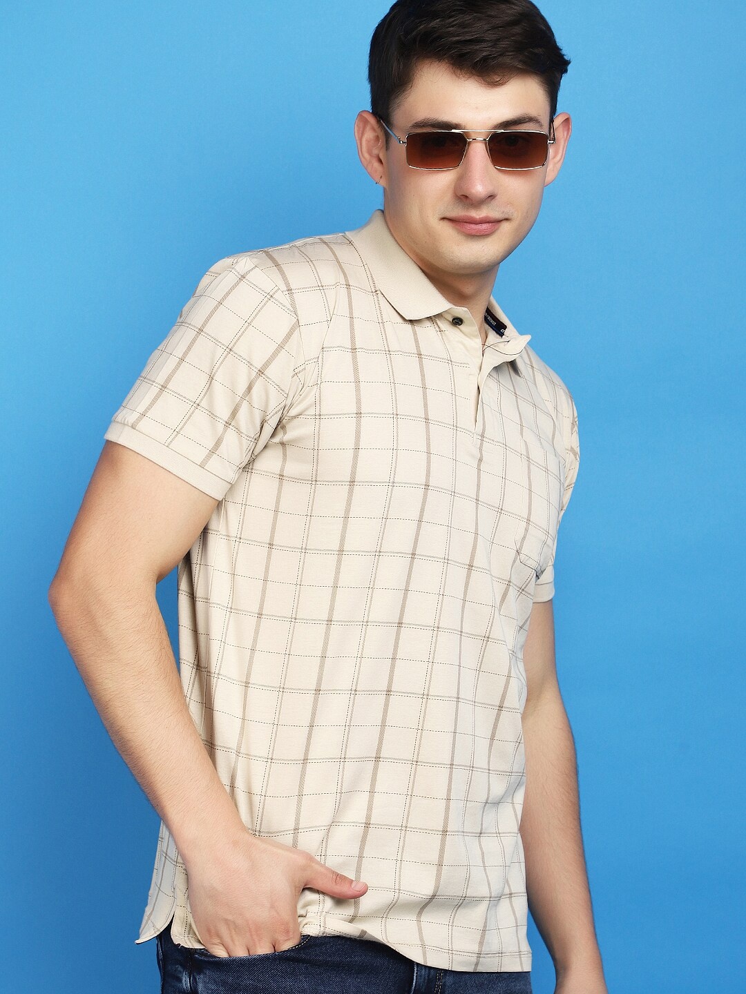 

V-Mart Checked Printed Polo Collar Cotton Casual T-shirt, Beige