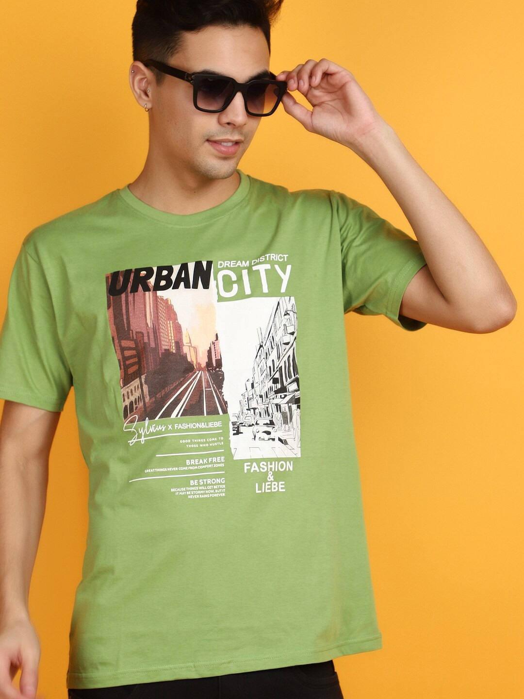 

V-Mart Printed Short Sleeves Round Neck Cotton Slim Fit T-shirt, Green