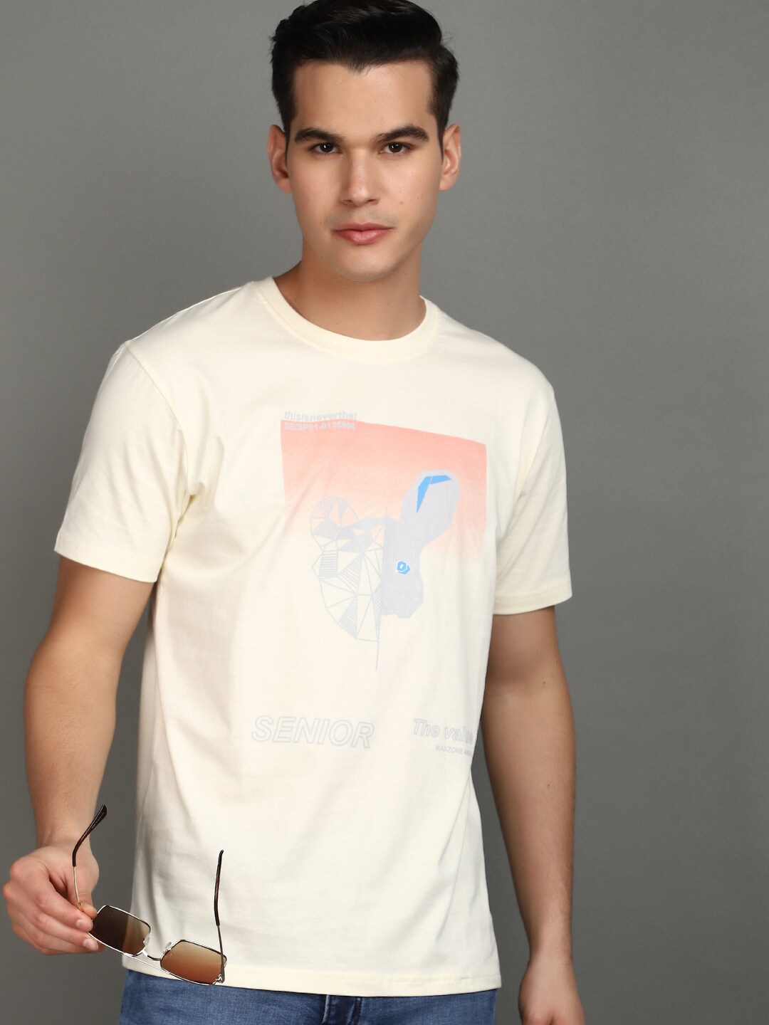 

V-Mart Graphic Printed Round Neck Cotton Slim Fit T-shirt, Off white