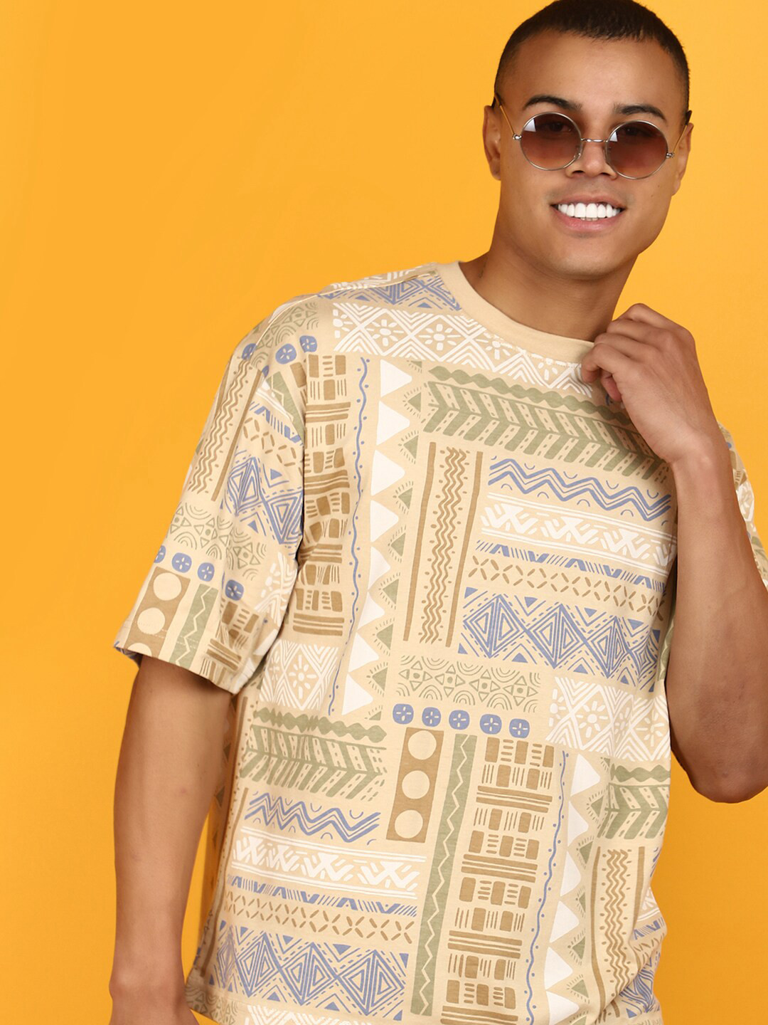 

V-Mart Round Neck Short Sleeves Typography Printed Cotton T-shirt, Beige
