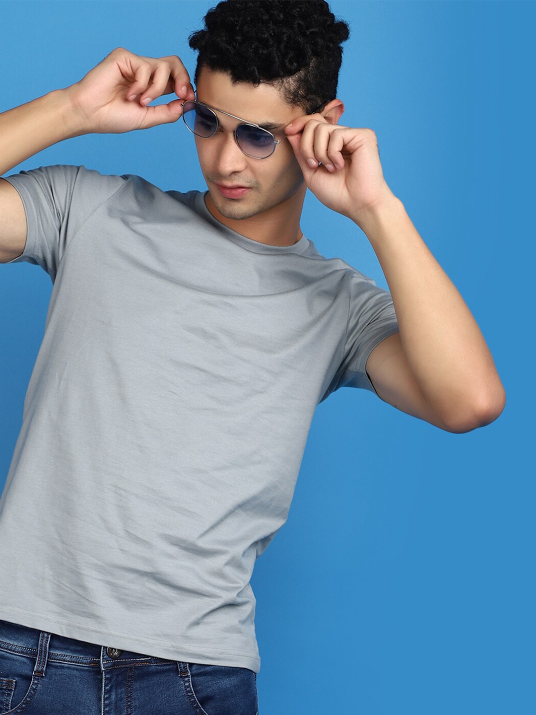 

V-Mart Round Neck Short Sleeves Cotton Slim Fit Casual T-shirt, Grey