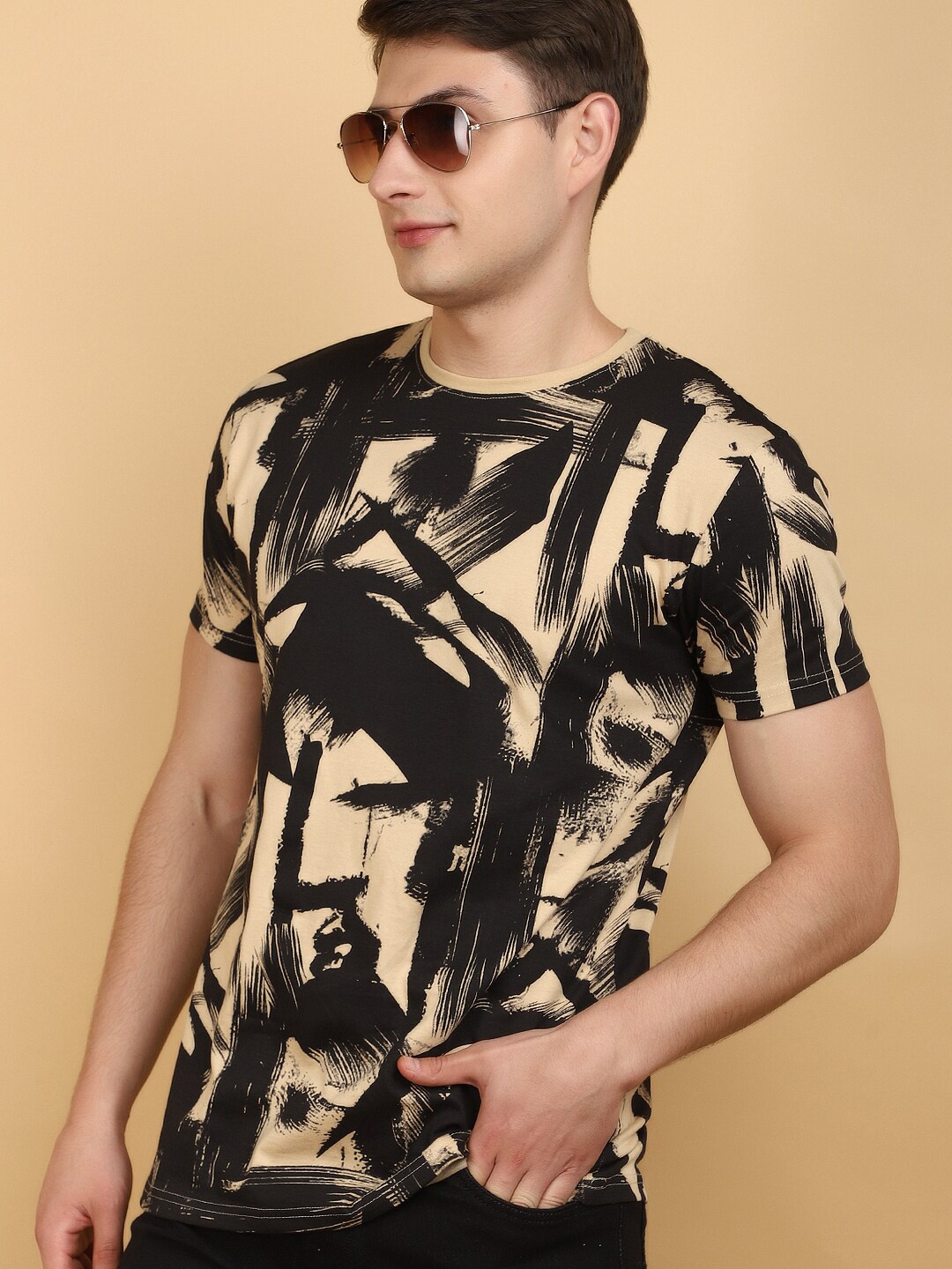 

V-Mart Abstract Printed Round Neck Cotton T-shirt, Beige