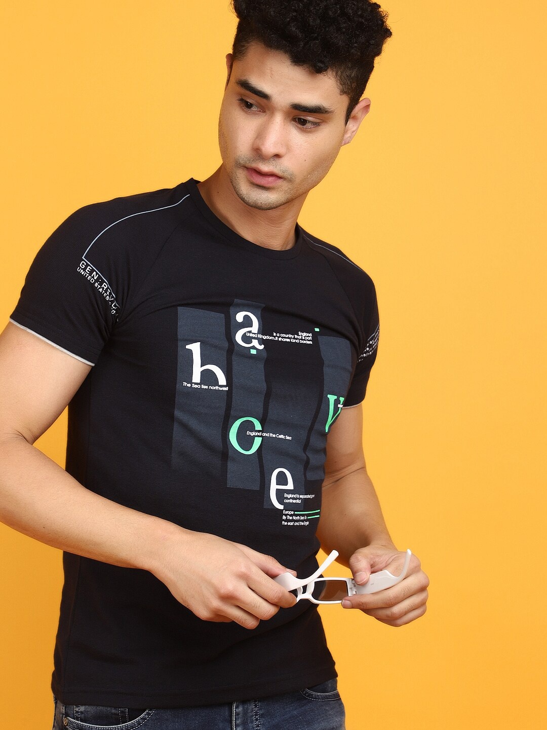 V-Mart Typography Printed Cotton Slim Fit T-shirt, Navy blue