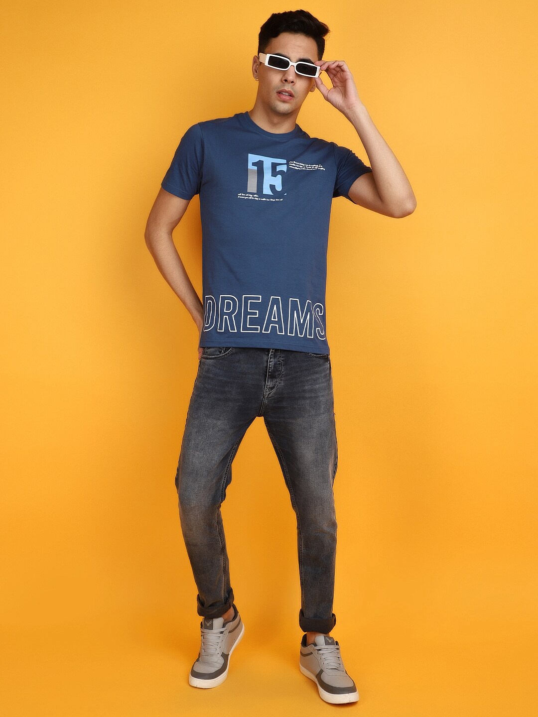 V-Mart Round Neck Short Sleeves Typography Printed Slim Fit T-shirt, Blue