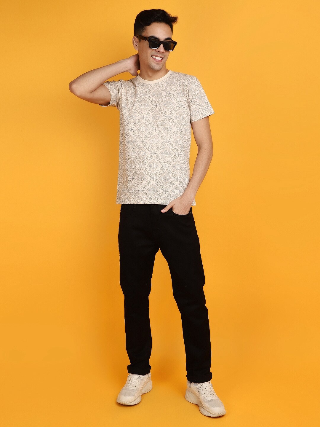 

V-Mart Printed Short Sleeves Round Neck Cotton Slim Fit T-shirt, Beige