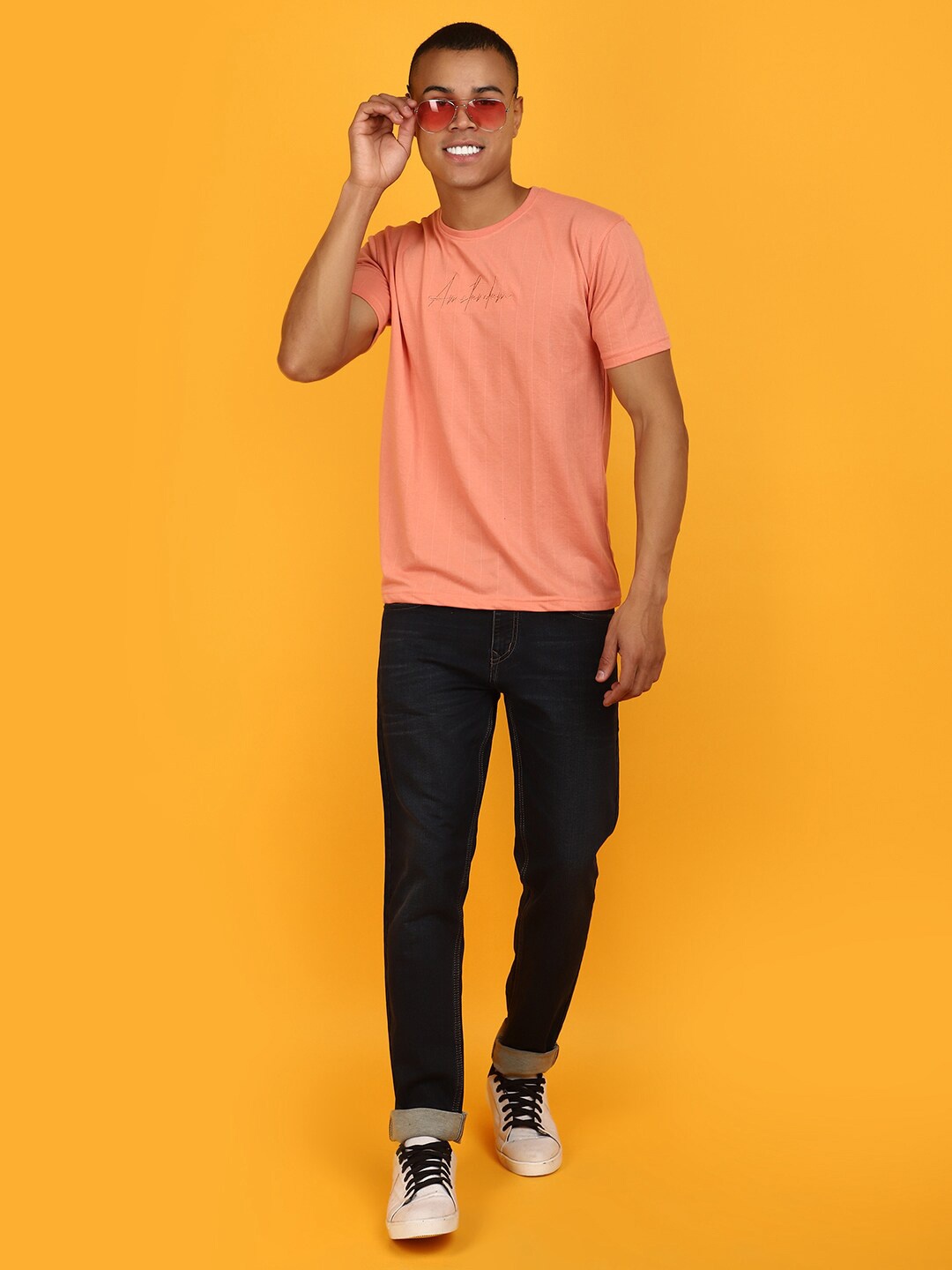 

V-Mart Self Design Round Neck Cotton Slim Fit T-shirt, Orange