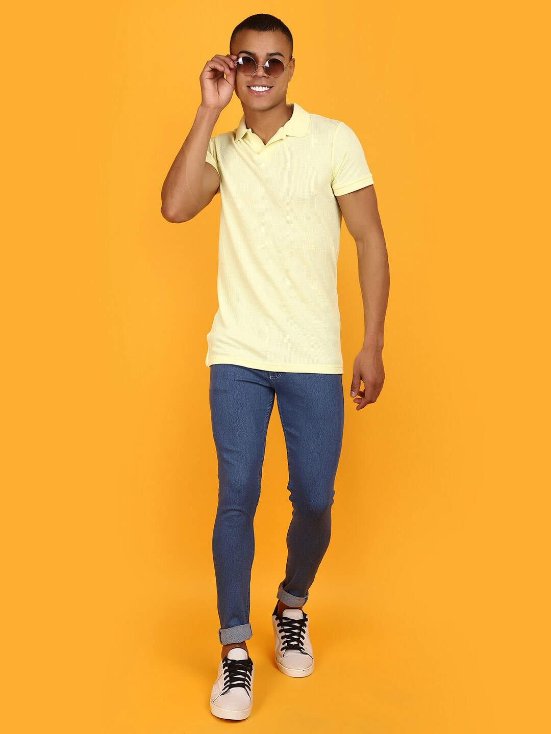 

V-Mart Self Design Polo Collar Cotton T-shirt, Yellow