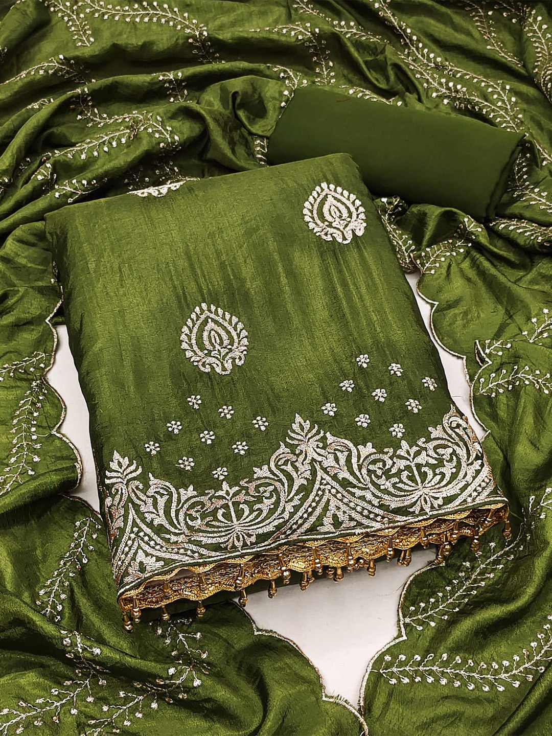 

mimi design Ethnic Motifs Embroidered Unstitched Dress Material, Green