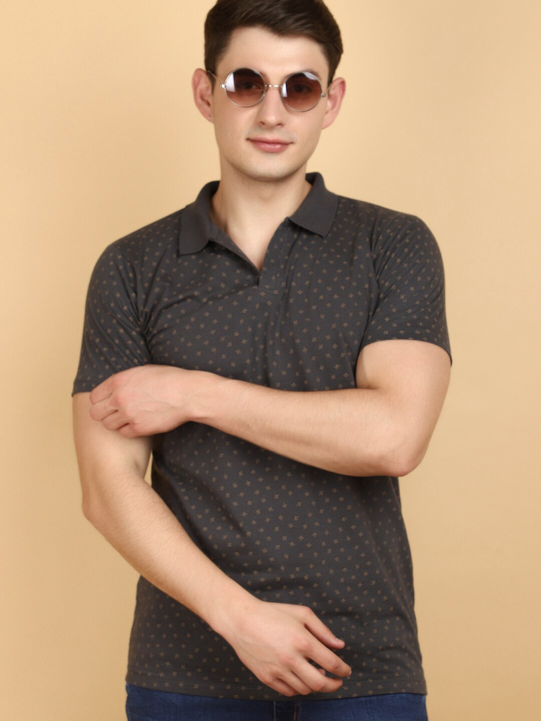 

V-Mart Printed Polo Collar Ethnic Slim Fit Cotton T-shirt, Grey