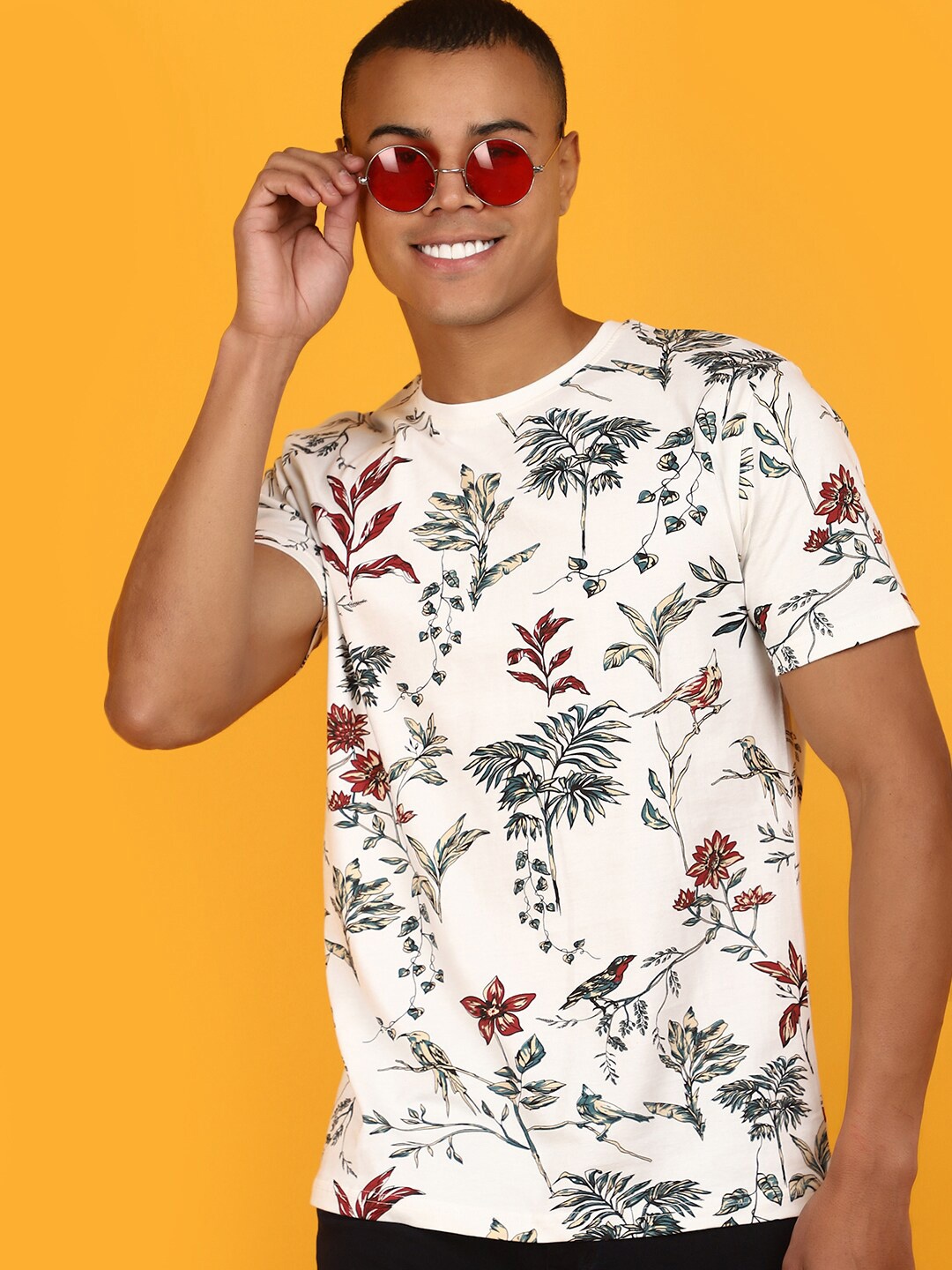 

V-Mart Floral Printed Round Neck Cotton Slim Fit T-shirt, White
