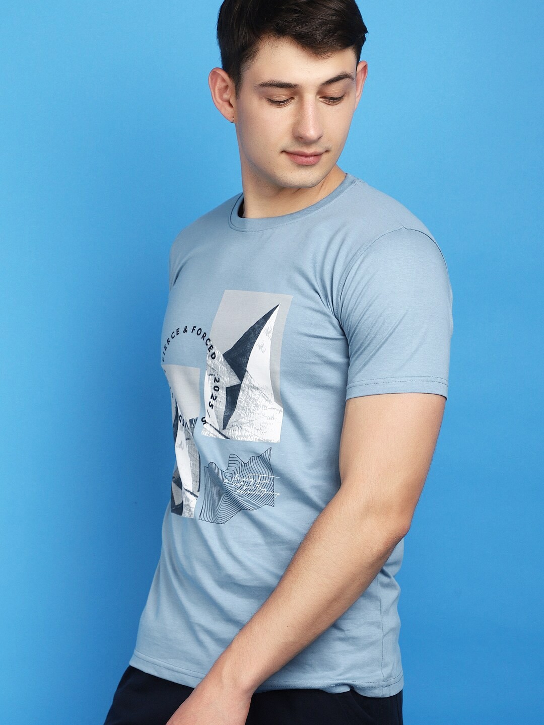 

V-Mart Round Neck Short Sleeves Graphic Printed Cotton Slim Fit T-shirt, Blue