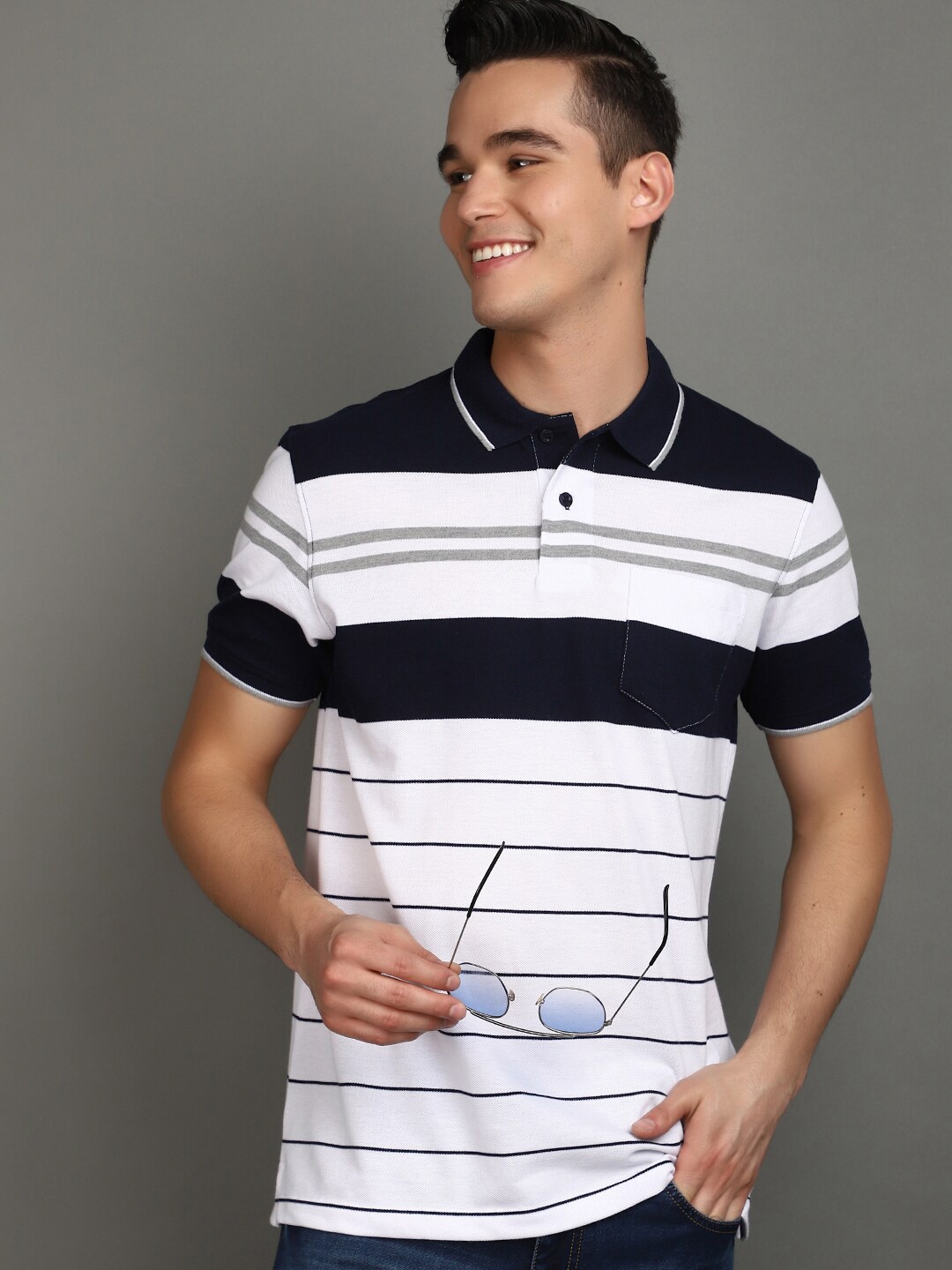 

V-Mart Striped Polo Collar Pockets Cotton T-shirt, White