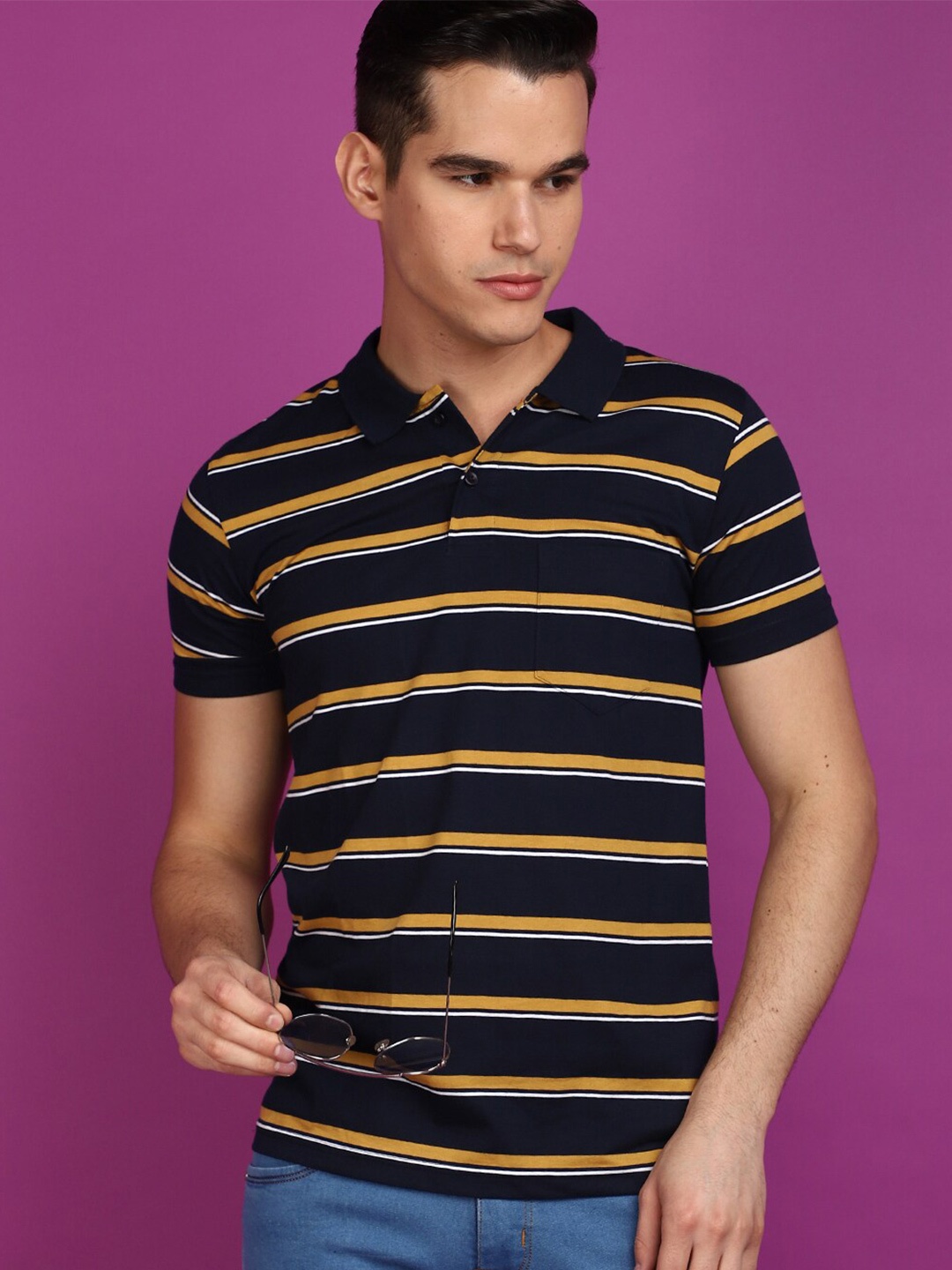 

V-Mart Polo Collar Short Sleeves Striped Slim Fit Cotton T-shirt, Blue