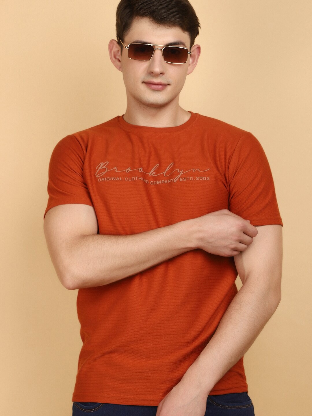 

V-Mart Typography Printed Slim Fit Cotton Casual T-shirt, Rust