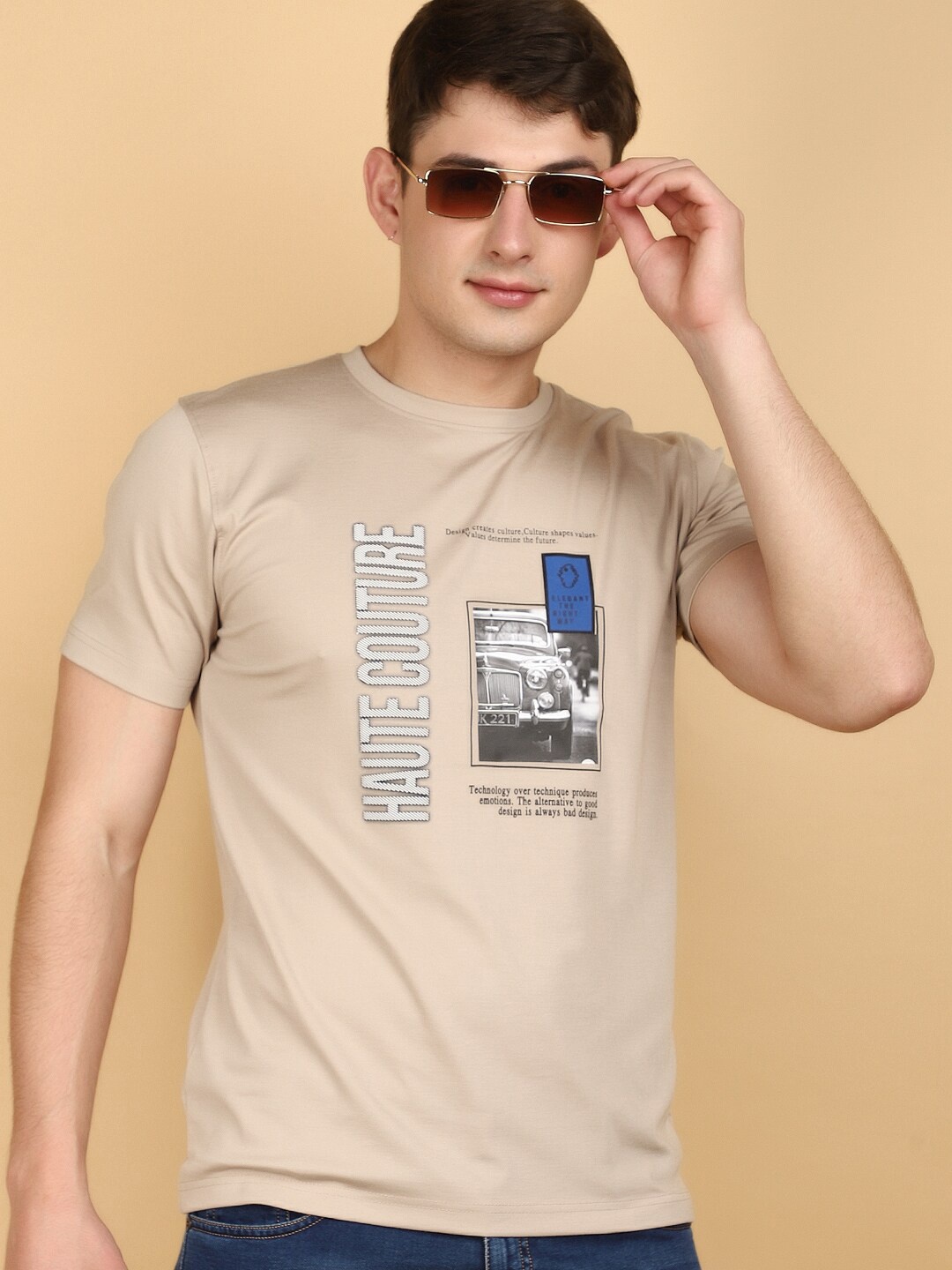 

V-Mart Typography Printed Round Neck Slim Fit T-shirt, Beige