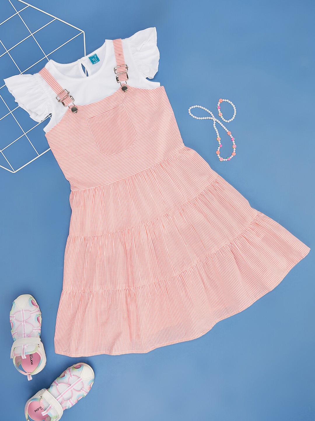 

YU by Pantaloons Girls Striped Dungaree With T-Shirt, Peach