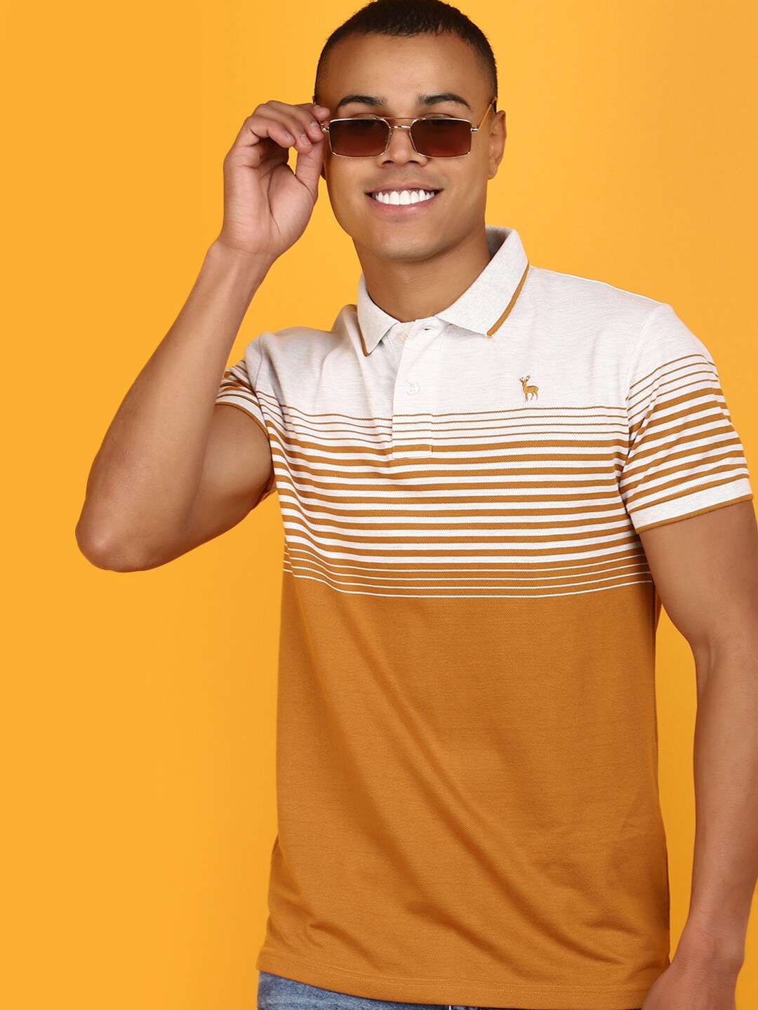 

V-Mart Polo Collar Short Sleeves Striped Regular Fit Cotton T-shirt, Gold